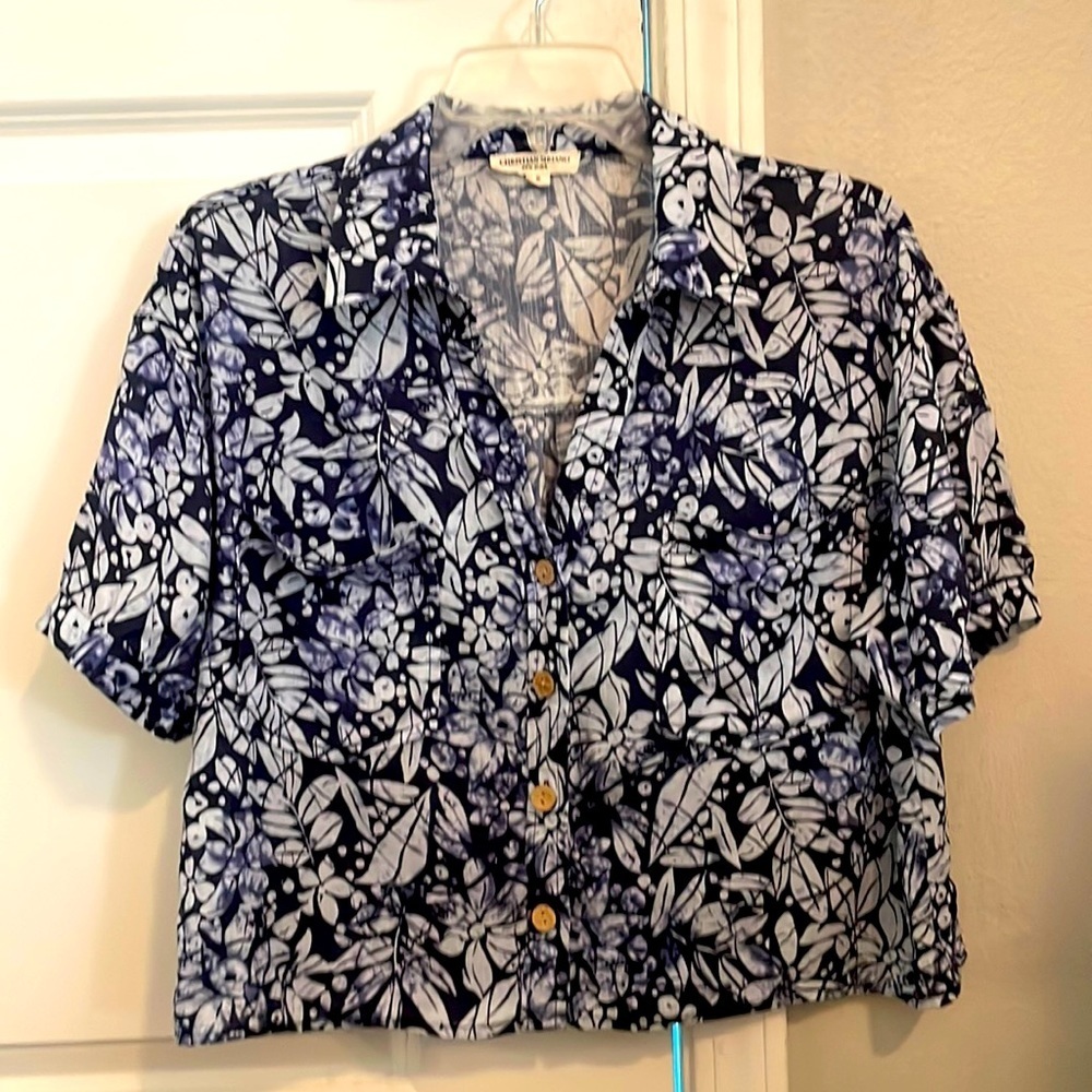 Christian Siriano Cropped Linen Hawaiian‎ Button Down Blue